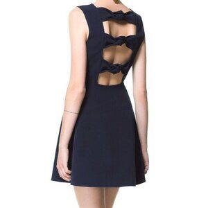 Zara Sleeveless Flowy Mini Dress Open Back Bow Detail Navy Blue Size S
